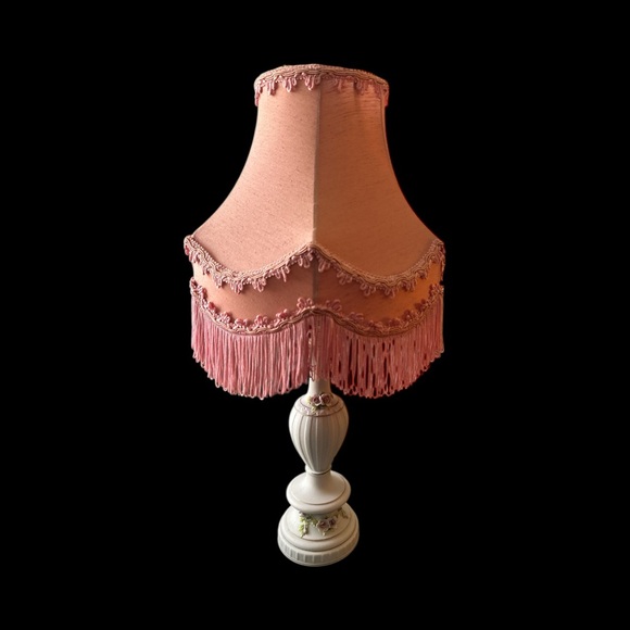 2 Lamps Victorian Mid-Century with Pink Fringe Shades Porcelain Base Flowers - Picture 10 of 16